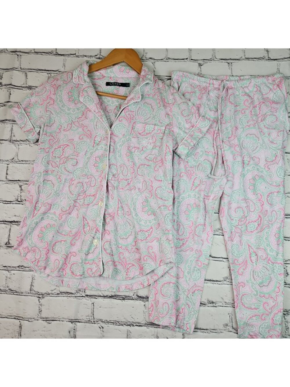 Lauren Ralph Lauren Women Pink Green Paisley Pajama Set Crop Pants Sz Small